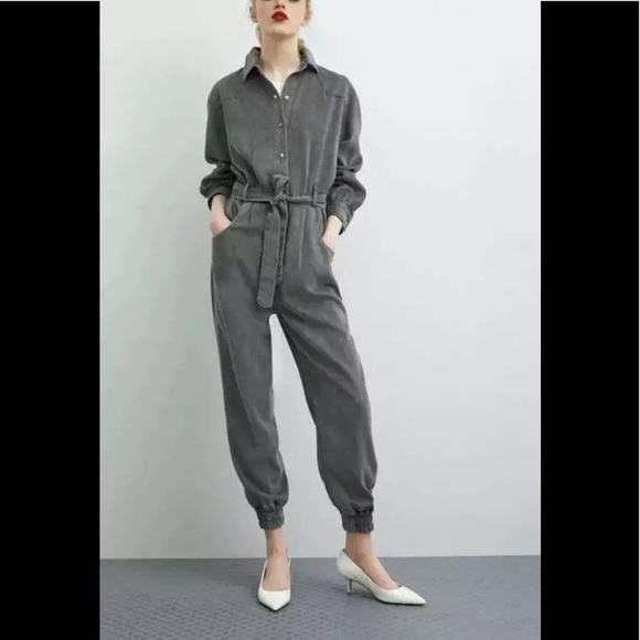 Zara Pants - ⚡️SOLD⚡️ZARA grey LONG sleeves BELTED JUMPSUIT